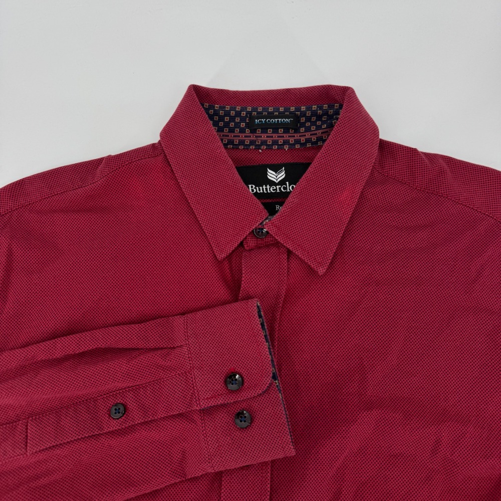 Buttercloth Icy Cotton Regular Fit Button Down Shirt Mens Medium Red Pattern